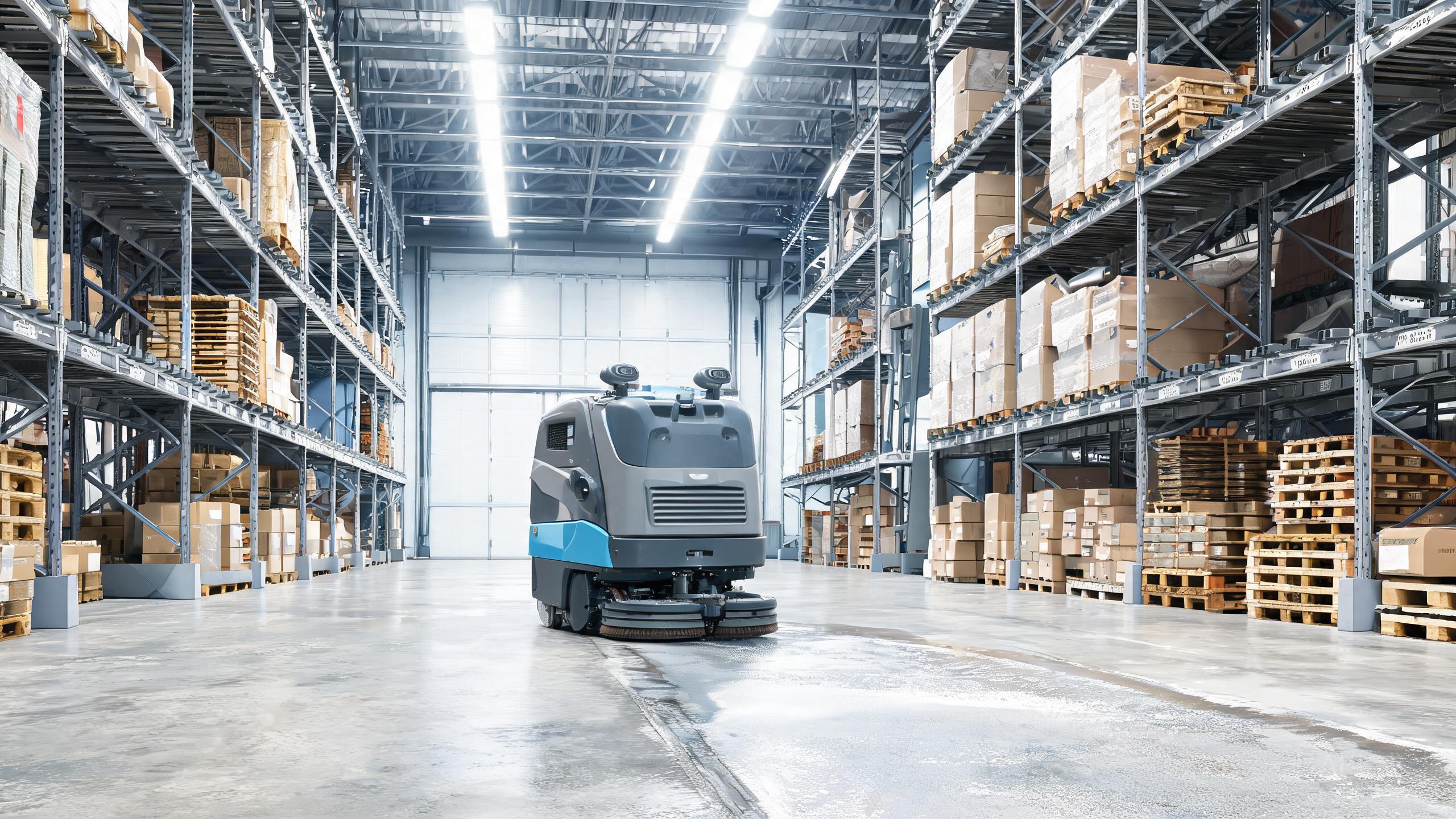 An autonomous commercial floor scrubber in a warehouse