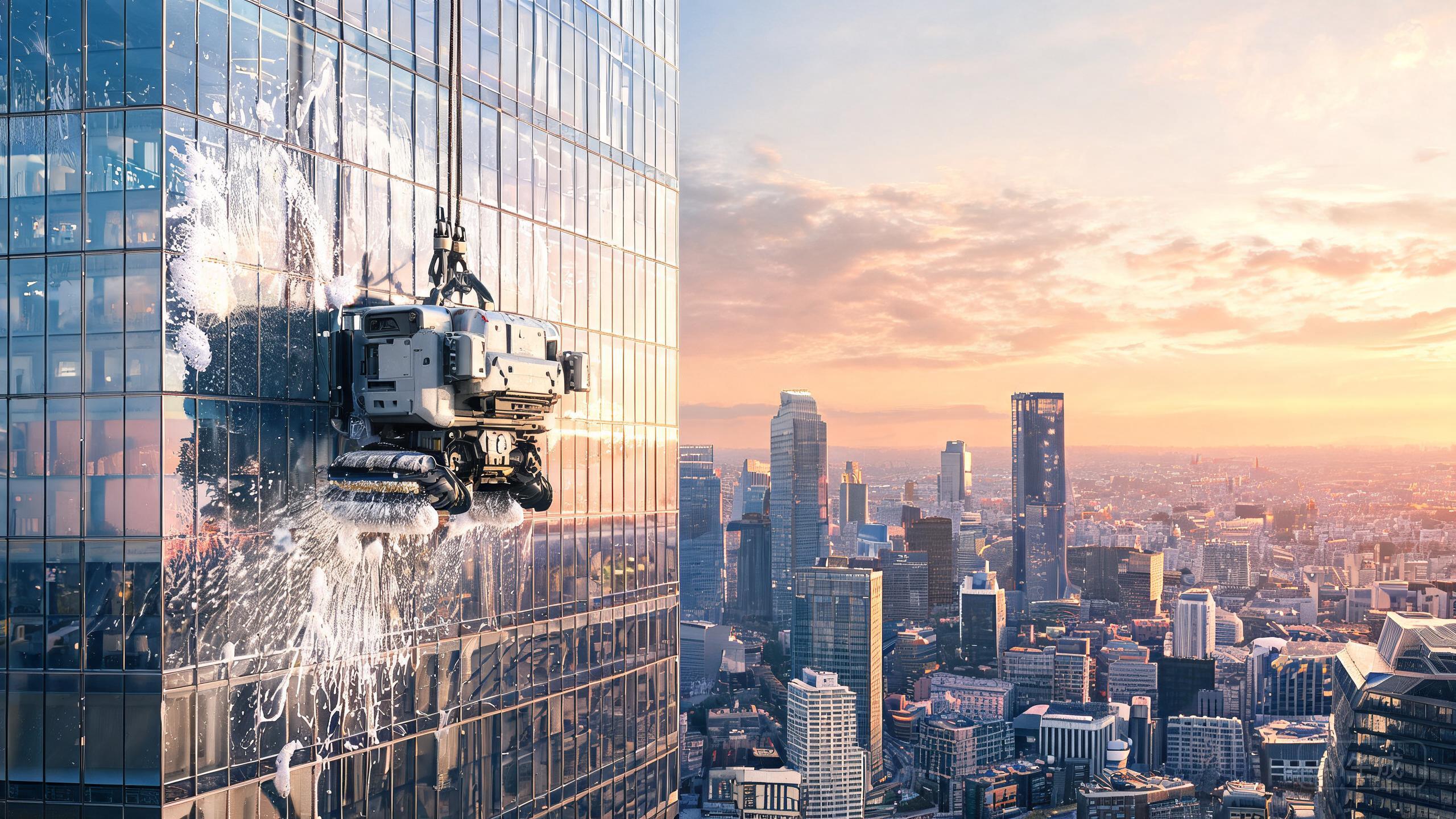 A facade cleaning robot washing a skyscraper exterior