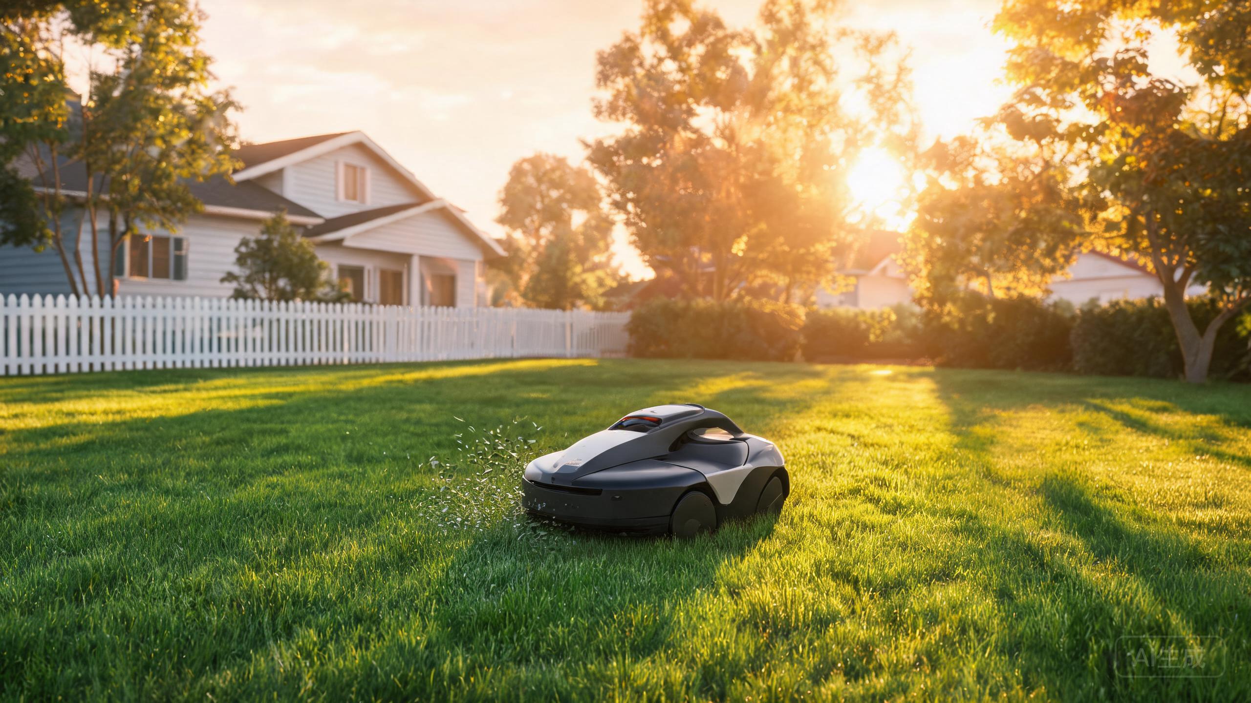 A robotic lawn mower cutting grass in a garden