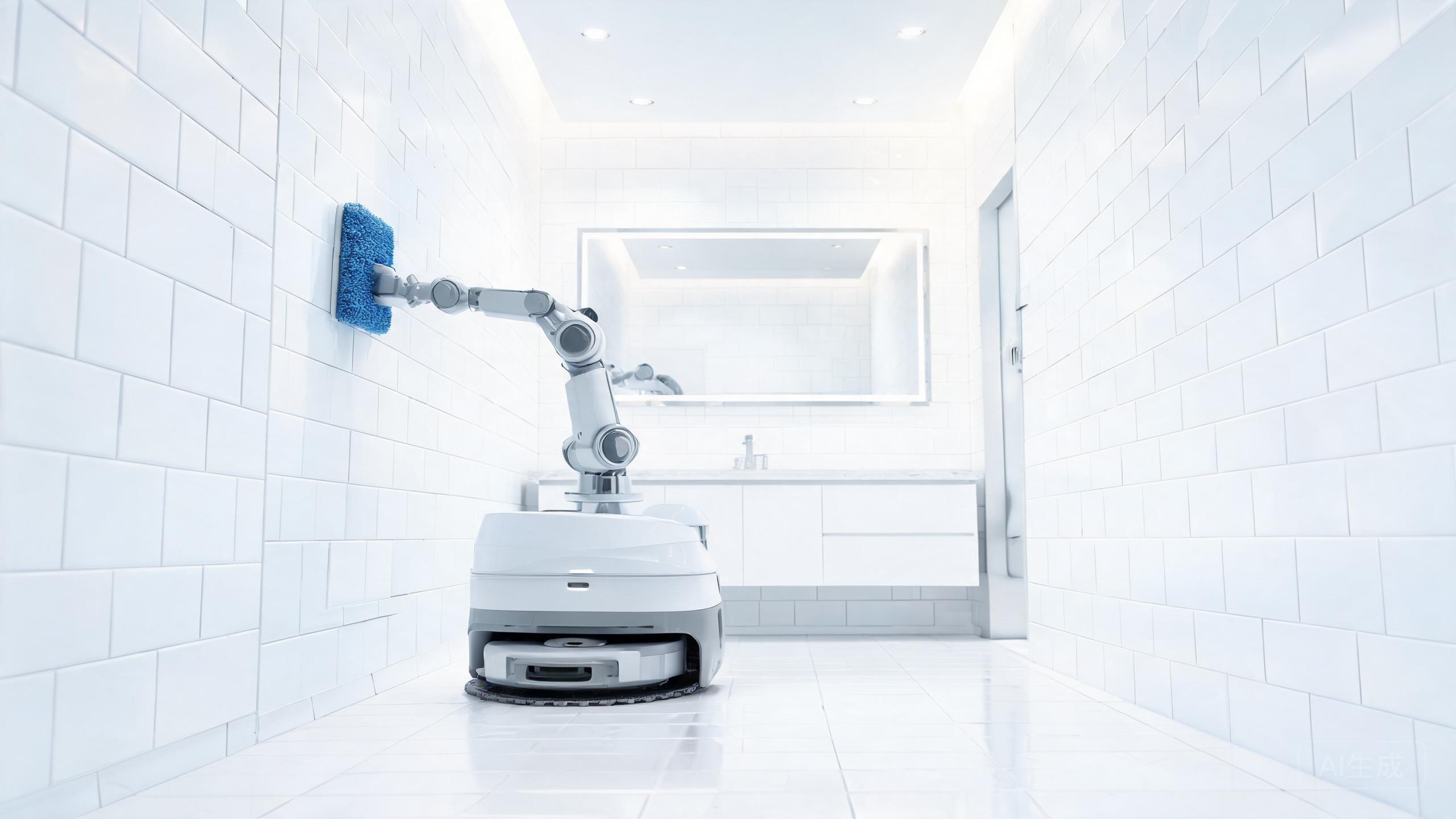 A restroom cleaning robot with a robotic arm in a bathroom
