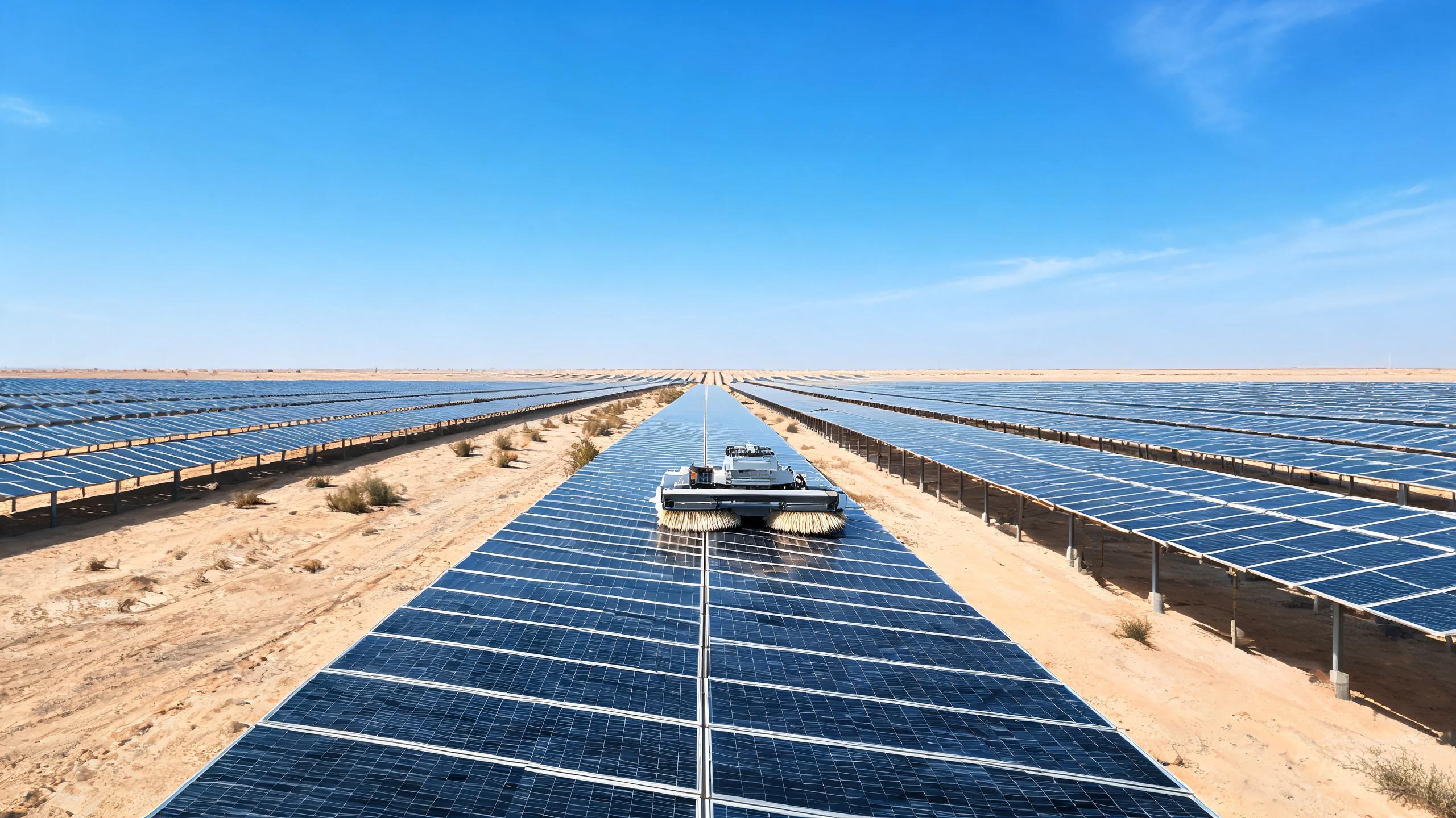 A solar panel cleaning robot on a photovoltaic array